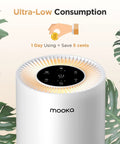 Top view of a white Mooka air purifier with digital control panel, surrounded by green leaves, highlighting ultra-low consumption.