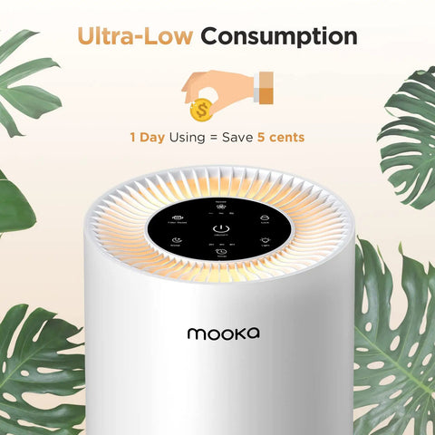 Top view of a white Mooka air purifier with digital control panel, surrounded by green leaves, highlighting ultra-low consumption.
