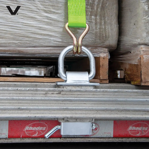 Silver Stake Pocket D Ring Assembly Set For Trailers, 4 Pack Covers Both Sides, installed on steel trailer frame with tie-down strap