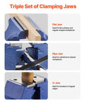 Heavy Duty Bench Vise With 6.5 Inch Jaw Width And 5 Inch Opening showcasing flat, pipe, and V-jaw options for versatile clamping