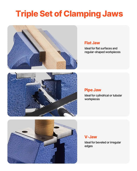 Heavy Duty Bench Vise With 6.5 Inch Jaw Width And 5 Inch Opening showcasing flat, pipe, and V-jaw options for versatile clamping