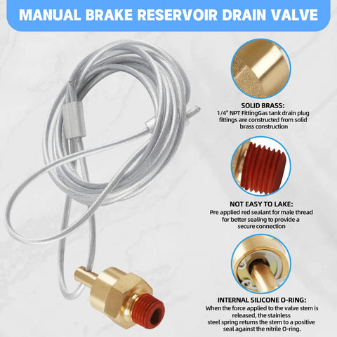One Quarter Inch Air Tank Drain Valve Plug With Sixty Inch Cable For Air Compressors And Semi Trucks, two-pack, solid brass close-up.
