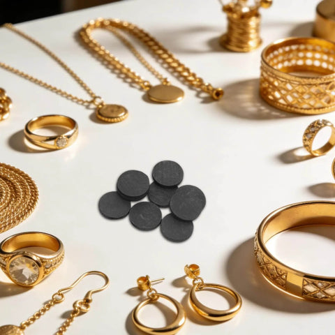 Round Graphite Electrode Plates For Melting And Electrolysis High Purity Graphite Disk Ingots surrounded by gold jewelry