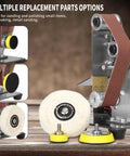 Mini Electric Belt Sander Knife Sharpener Bench Grinder With Polishing Wheel Sanding Belts And Pads shown with replacement parts.