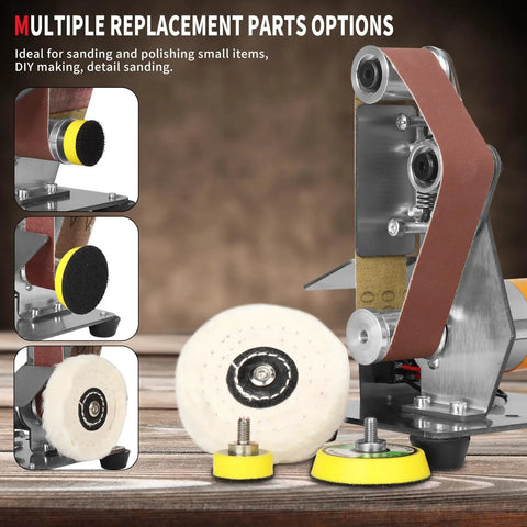 Mini Electric Belt Sander Knife Sharpener Bench Grinder With Polishing Wheel Sanding Belts And Pads shown with replacement parts.