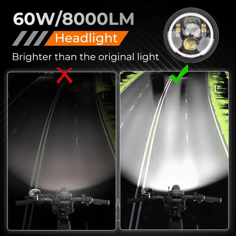 Comparison of standard light versus Headlight Kit For Super 73 S2 60W 8000LM LED Head Light Waterproof Bright Clear Beam