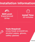 Installation info for Stackit4x Laundry Stacking Kit For Affinity Front Load Washers And Dryers with tools and time listed.