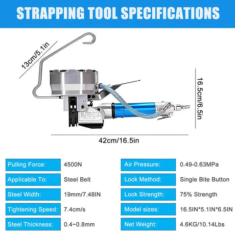 Heavy Duty Pneumatic Steel Strapping Machine With Automatic Tension Cutter For 19Mm Banding Steel Wood And Aluminum Profiles specifications and dimensions.