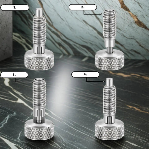 Top Shelf Premium Heavy Duty M10 Stainless Steel Spring Plungers With Textured Knurled Grip And Quick Release Locking System, four angles
