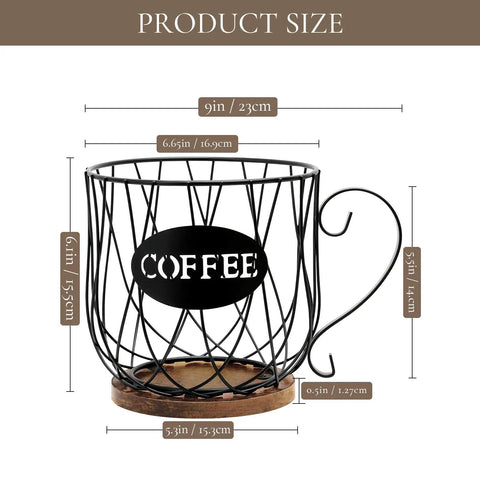 Go To Rustic Metal K Cup Pod Holder With Wooden Base Large Wire Basket Coffee Storage Farmhouse Decor Size Dimensions