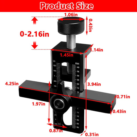 2-In-1 Cabinet Door Installation Jig Kit With Adjustable Metal Mounting Jig, dimensions shown, red arrows for measurements