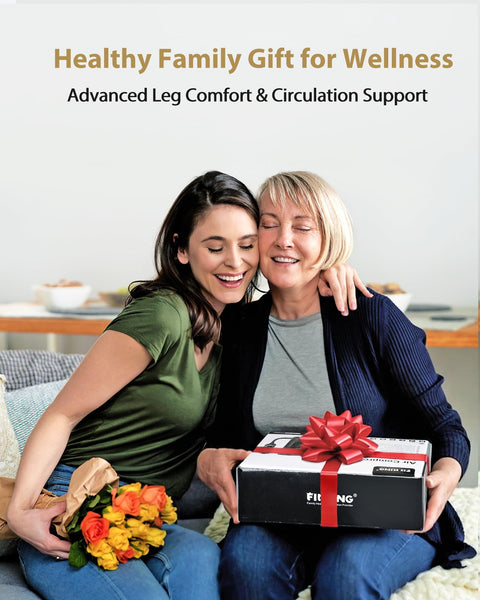 Two women smiling, one holding orange flowers and the other holding a gift box labeled 'Air Compression Leg Massager Boots For Circulation'.