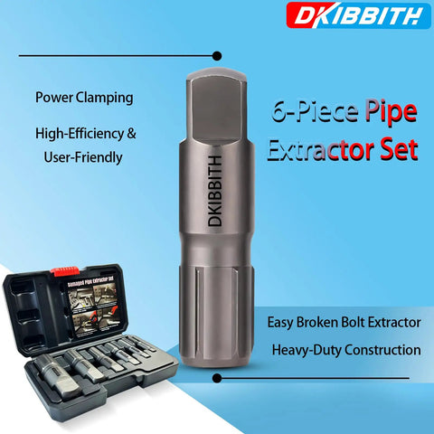 Close-up of Six Piece Heavy Duty Pipe Extractor Set For Removing Damaged Threaded Pipes And Fittings showcasing tools and case.