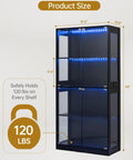 Diagram showing dimensions and weight capacity of the 65 Inch Glass Display Cabinet with RGB LED Lights and Glass Doors.
