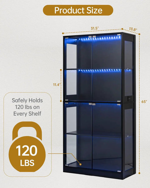 Diagram showing dimensions and weight capacity of the 65 Inch Glass Display Cabinet with RGB LED Lights and Glass Doors.