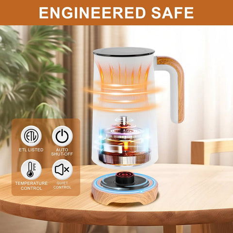 Powerful 4 In 1 Electric Milk Frother And Warmer With Dual Whisks for Quick Auto Foam and Heat on a table, showing features.