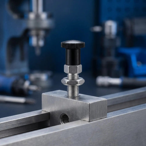 Top Shelf M6 Stainless Steel Spring Loaded Indexing Plunger With 4Mm Retractable Pin Non Locking Ergonomic Knurled Grip Heavy Duty Industrial Shop Tools Two Piece Set close-up on metal surface.