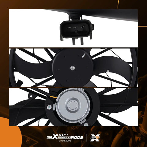Top Shelf Slick Radiator Cooling Fan Assembly Direct Swap For 2004 Jeep Grand Cherokee 4 Liters And 2004 Through 2006 Jeep Liberty Engines Knockout Quality Replacement close-up view of fan motor and connector.