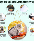 Ten Pack 10 Inch Aluminum Sublimation Door Hanger Blanks demonstration with cat image and sublimation process steps