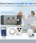 Magnetic iPhone Camera Grip With LED Fill Light And Mirror For iPhone 17 Pro with detachable remote and keychain on display