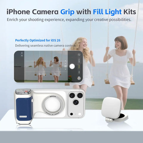 Magnetic iPhone Camera Grip With LED Fill Light And Mirror For iPhone 17 Pro with detachable remote and keychain on display