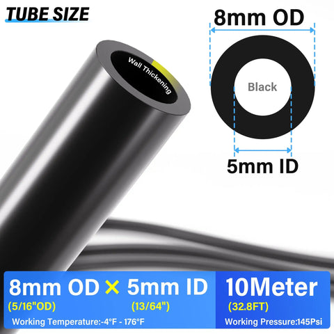 Black Polyurethane PU Air Hose Kit 8mm Outer Diameter Or Five Sixteenth Inch OD 5mm Inner Diameter 10 Meter 32.8 Feet Length Ultra Flexible