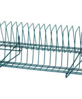 Commercial Grade NSF Tray Drying Rack Crafted From Green Epoxy Carbon Steel That Is Hella Sturdy And Definitely Built Tough For Busy Restaurants Smooth Kitchen Organization 14X34X11 Inches, side view showing open grid design.