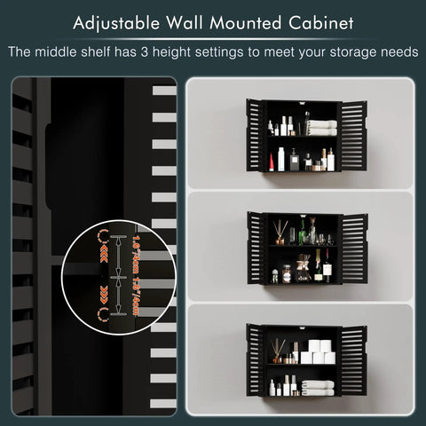 Black Bamboo Over The Toilet Wall Mounted Bathroom Storage Cabinet With Three-Position Adjustable Shelf Hanging Medicine Cabinet With Double Doors Space Saver Organizer For Bathroom Essentials showing different shelf positions.