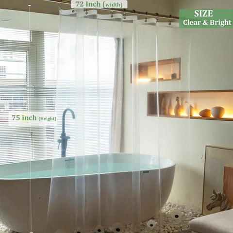 Long Shower Curtain Liner 72 By 75 Inches Clear PEVA Waterproof With Six Magnets for Tall Showers displayed in modern bathroom