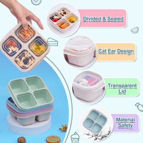 4 Pack Snack Containers Divided Bento Snack Box With 4 Compartments Reusable Meal Prep Lunch Containers for storage.