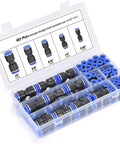 Super Cool 60Pcs Pneumatic Push Connectors Kit With Quick Release Air Hose Fittings In 4mm To 12mm For Auto Repair And Woodworking Jobs Plus Durable Plastic Straight Adapters Assortment Set That Saves Time. Assorted black plastic 60PC pneumatic straight push connectors in organizer.