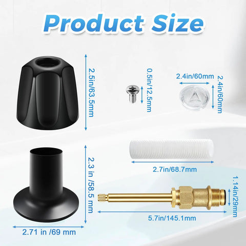 3 Piece Matte Black Tub And Shower Knob Replacement Kit For Verve And Windsor Faucet Handles, component sizes shown