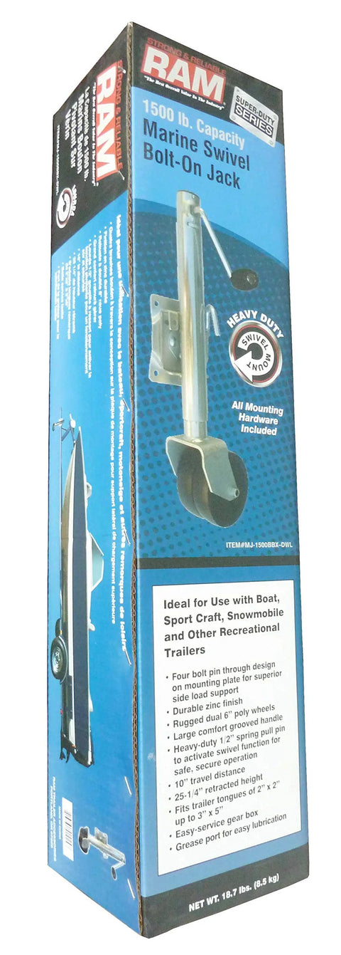 RAM marine swivel bolt-on trailer jack on blue packaging box, 1500 lb capacity.