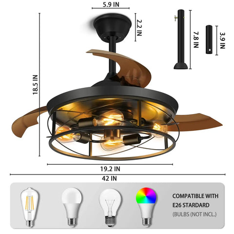 42 Inch Retractable Ceiling Fan With Lights Remote Control And Wall Switch Inverter Dual Control Six Speeds And One Two Four Hour Timer