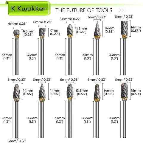 Diagram showing different burr shapes from the 20 Piece Tungsten Carbide Burr Set For Dremel and Small Rotary Tools with sizes.