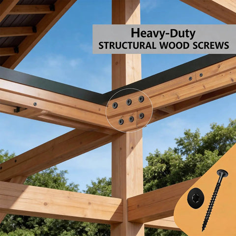 Heavy Duty Structural Screws With T30 Driver Bit and Self Tapping Tip for seamless woodworking in wooden beam assembly.