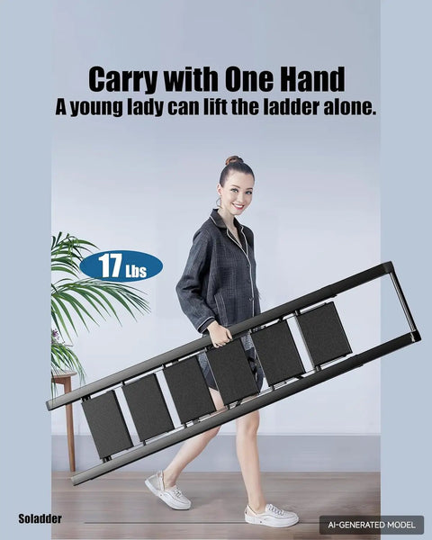 Six Step Folding Ladder For Home And Garage, Lightweight Aluminum Stepladder With Stable Top Handle, Non Slip Feet, Holds Up To 300 Lbs, Black, Compact Design For Easy Storage, Ideal For Indoor And Outdoor Tasks, 17 lbs