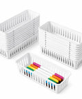 Eighteen Pack Slick Slim Plastic Baskets For Narrow Drawer Setup This Hella Practical Stackable Storage Bin Set Is A Total Game Changer For Ditching Mess And Sorting Office Supplies Or Toiletries With Ease. White plastic trays stacked, holding colorful markers.