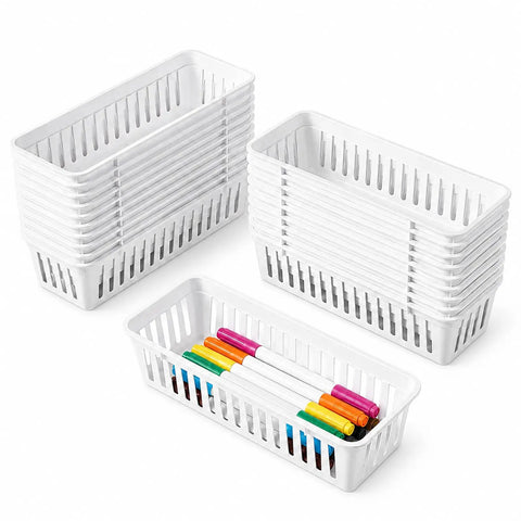 Eighteen Pack Slick Slim Plastic Baskets For Narrow Drawer Setup This Hella Practical Stackable Storage Bin Set Is A Total Game Changer For Ditching Mess And Sorting Office Supplies Or Toiletries With Ease. White plastic trays stacked, holding colorful markers.