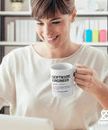 Woman holding Engineer Definition Mug A Nerdy Yet Real Talk Engineering Gift For Engineers Graduation Birthday Or Promotion Celebrations Perfect Ceramic Mug 11 Oz White For Coworkers And New Engineers, smiling while working on a laptop.