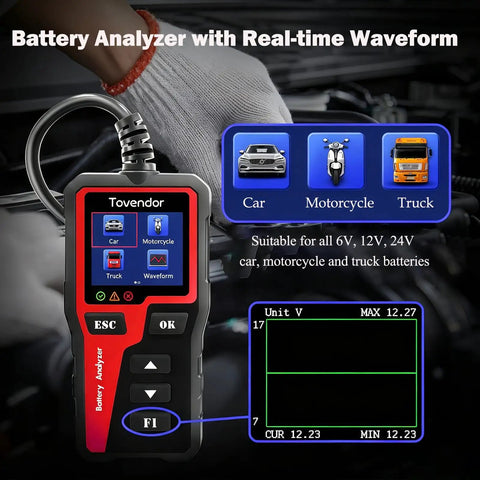 All In One Car Battery Tester 6V 12V 24V With Alternator And Load Testing Checks Battery Health For Lead Acid AGM GEL EFB And LiFePO4 handheld analyzer with waveform display