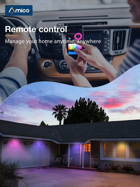 Home exterior with Five To Six Inch Smart LED Recessed Can Lights Twelve Pack RGBCW Color Changing WiFi Downlights at sunset.