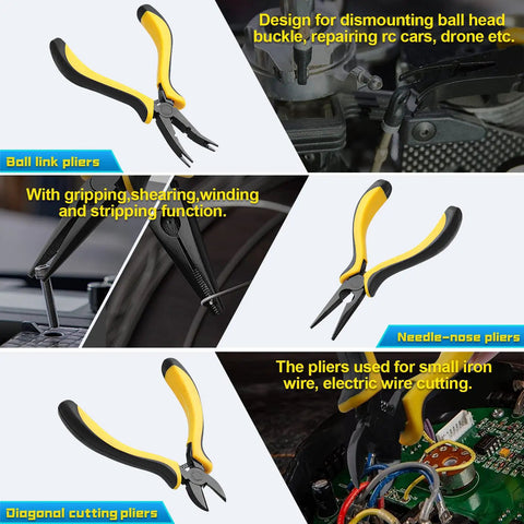 Ball link, diagonal, needle-nose pliers from 12 Piece RC Car Tools Kit Must Have With Hex Phillips Flat Screwdrivers Pliers Sockets Wrench For Traxxas Arrma RC Cars Drones Airplanes Helis Hobby Models Repair Blue.