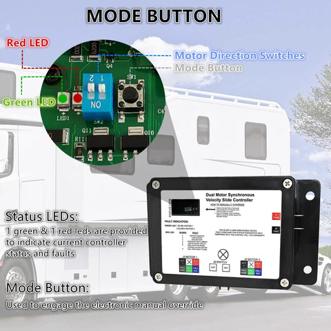 Upgraded 13398-DO Dual Synchronous Slide-Out Controller showing LED indicators and mode button on RV background.