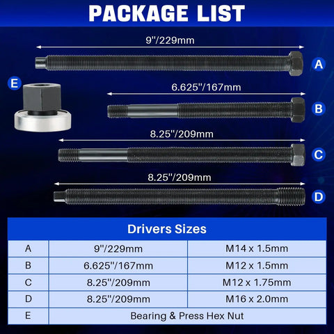 Package list of Long Reach Crank Pulley Underdrive Damper Installation Tool Kit showing 5-piece harmonic balancer installer set.