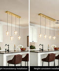 Height adjustable light fixture with gold canopy over kitchen island, showcasing height inconsistency and consistent installation.