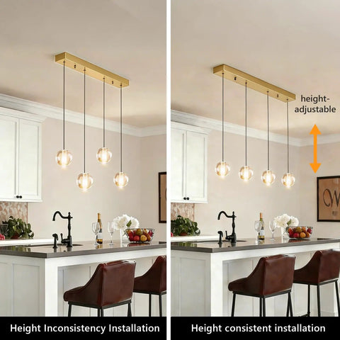 Height adjustable light fixture with gold canopy over kitchen island, showcasing height inconsistency and consistent installation.