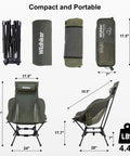 Compact High Back Camp Chair With Dual Sitting Modes Pillow Arm Pads And Side Pockets For Motorcycle RV Festival And Travel Lightweight Portable Green shown folded, in bag, and assembled with dimensions
