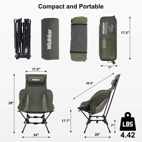 Compact High Back Camp Chair With Dual Sitting Modes Pillow Arm Pads And Side Pockets For Motorcycle RV Festival And Travel Lightweight Portable Green shown folded, in bag, and assembled with dimensions