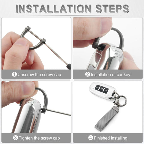 Installation steps for Premium Genuine Leather Car Keychain Featuring Slick Carbon Fiber Wrap And Anti Lost D Ring.